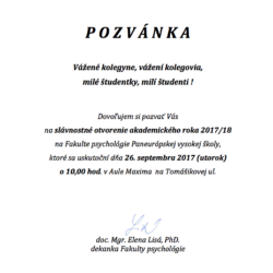 Oficiálna pozvánka na otvorenie ak. roka 2017/2018 na Fakulte psychológie PEVŠ