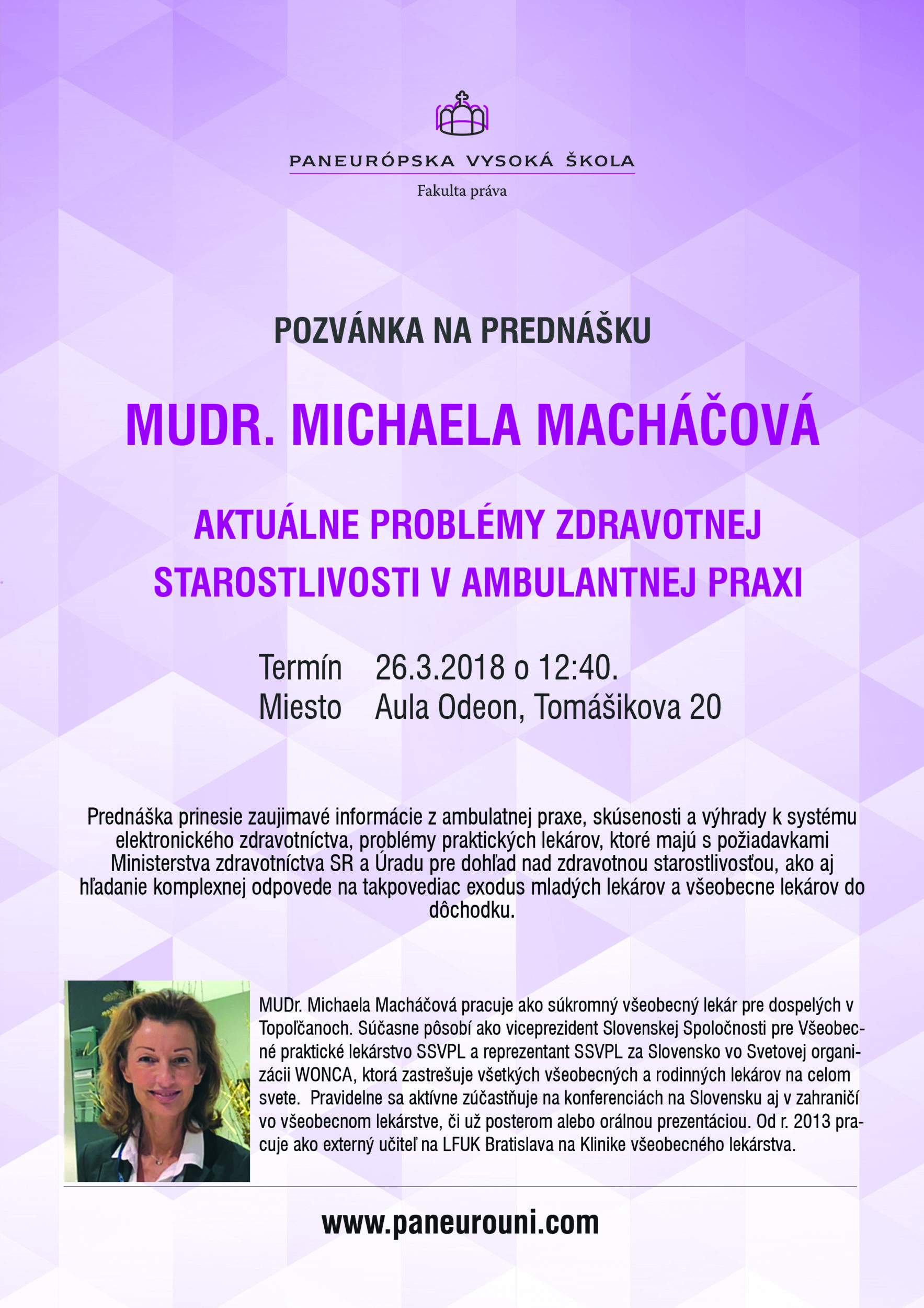 Michaela Macháčová prednáša na FP PEVŠ o zdravotnej starostlivosti
